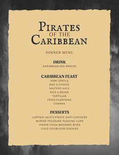 the pirates of the caribbean menu is shown on a black and white background with clouds