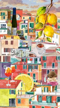 a collage of oranges, lemons, and wine on a cityscape