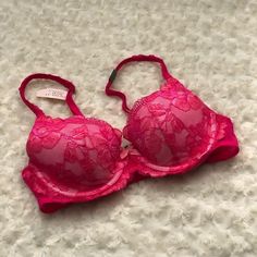 Nwt. Hot Pink Lace Demi Bra. Semi Convertible Straps (The Back Straps Unsnap). No Trades Hot Pink Bra, White Bustier, Pink Lace Bra, Strappy Bra, Lace Body, Victoria Secret Lingerie, Burgundy Lace, Demi Bra, Black Bra