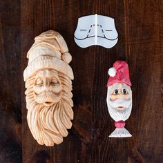 two paper masks are sitting on a wooden table