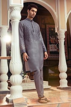 Buy Purple Kurta Chanderi Silk Hand Embroidered Lotus Kingdom Set For Men by Runit Gupta Online at Aza Fashions. Runit Gupta, Mahima Mahajan, Mens Indian Wear, Wedding Outfits For Groom, Net Embroidery, Kurta Design