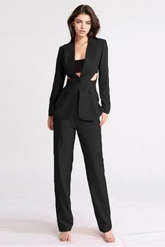 Crafted from high quality fabrics, this set features a classic one-button blazer with lapel collar and pocket flaps, coupled with straight-cut, long trousers with a high-waisted fit. Fabric: Cotton, Polyester Chic Suits With Pressed Crease And Suit Collar, Chic Single Button Blazer For Night Out, Chic Business Pantsuit With Lapel Collar, Lapel Collar Pantsuit With Welt Pockets For Business Casual, Business Casual Pantsuit With Lapel Collar And Welt Pockets, Chic Office Tuxedo With Lapel Collar, Tailored Office Chic Suits, Sleek Semi-formal Pantsuit With Lapel Collar, Chic Notch Lapel Tuxedo For Semi-formal Occasions