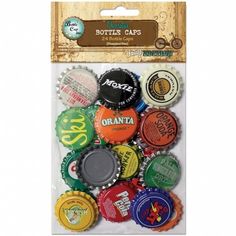 bottle caps with different colors and designs on them