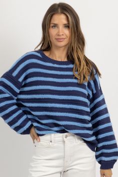 Cozy Striped Sweater For Layering, Trendy Striped Soft Knit Sweater, Trendy Knit Sweater With Horizontal Stripes, Cozy Striped Ribbed Tops, Striped Ribbed Crew Neck Sweater, Striped Knit Sweater For Layering, Striped Knitted Tops For Layering, Knit Sweater With Horizontal Stripes For Layering, Striped Long Sleeve Soft Knit Sweater