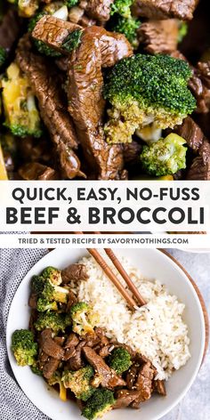 beef and broccoli stir fry in a white bowl with chopsticks