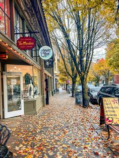 the sidewalk is covered with fallen leaves and has shops on it, along with parked cars