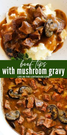 beef tips with mushroom gravy in a white bowl