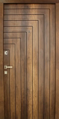 a close up of a wooden door with metal handles