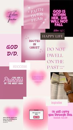 a collage of pink and purple images with the words god is within, happy life, do not deville on the past