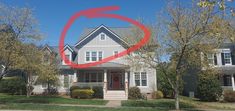 a house with the number six circled in front of it's red arrow pointing up