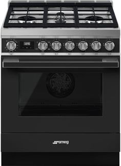 a black stove top oven with four burners and two doors on the front side