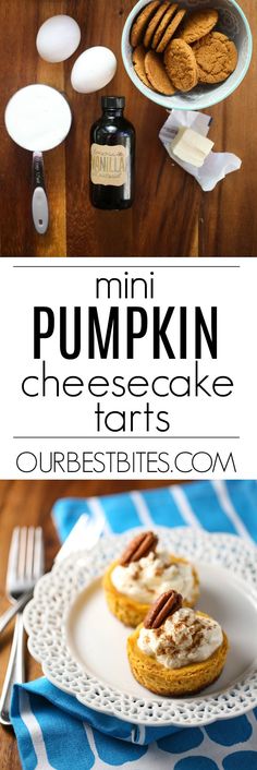 mini pumpkin cheesecake tarts on a white plate with blue and white napkins