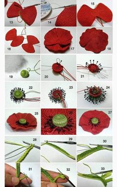 crocheted poppys are being made with yarn and thread to make them look like they