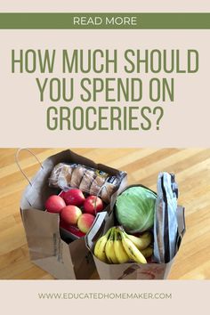 an open grocery bag filled with groceries on top of a wooden floor next to the words how much should you spend on groceries?