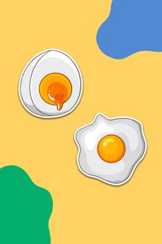 two fried eggs sitting on top of each other in the middle of a yellow background