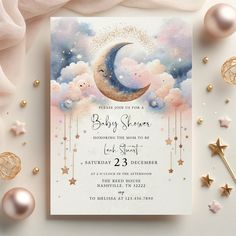 a baby shower is shown with stars, clouds and a crescent on the night sky