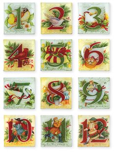 the twelve days of christmas cards with numbers and symbols on them, all decorated in red