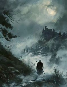 a painting of a man walking in the snow towards a castle on top of a hill