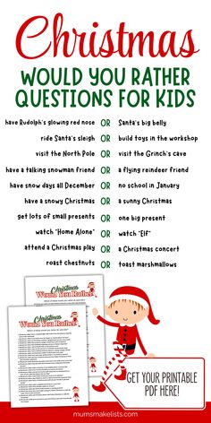 Christmas would you rather questions for kids, plus list of questions, plus image of free printable PDF of questions. Christmas Would You Rather For Kids, Christmas Questions For Kids, Christmas Party For Teens, Questions For Family, Christmas Game For Kids, Family Reunion Christmas, Christmas Questions, Holiday Jokes, Questions For Kids