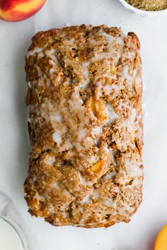 glazed sweet peach bread Peach Breakfast Bread, Peach Bread With Frozen Peaches, Peaches And Cream Bread, Peach Quick Bread Recipes Easy, Peach Fritter Bread, Healthy Peach Bread, Fall Peach Recipes, Peach Bread With Fresh Peaches, Banana Peach Bread Recipe