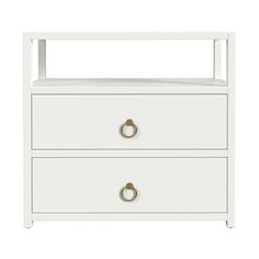 Minimalist White Two Drawer Wood Nightstand - Nightstands & Chests - The Well Appointed House Oversized Nightstand, Wide Nightstand, Ring Pulls, Ship Decor, Bachelors Chest, Construction Details, White Nightstand, 2 Drawer Nightstand, Wood Nightstand