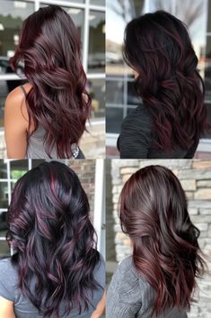 Dark Hair Plum Highlights, Plum Red Highlights On Dark Hair, Dark Hair Color Ideas With Red, Best Dark Hair Color For Fair Skin, Balayage Red Hair Dark, Cherry Chocolate Balayage Hair, Colour Ombre Hair, Black And Cherry Red Hair, Dark Highlighted Hair