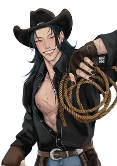 a drawing of a man with long black hair wearing a cowboy hat and holding a rope