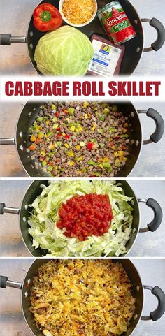 three pictures showing how to make cabbage roll skillet with the ingredients in each pan