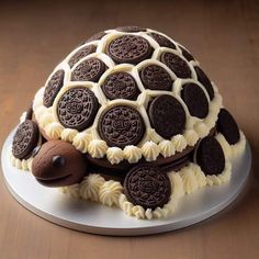 a tortoise shell cake with chocolate cookies on the top and white frosting