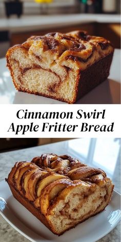 cinnamon swirl apple fritter bread on a white plate with the title above it