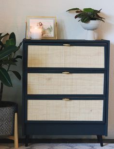 a black and white dresser next to a potted plant