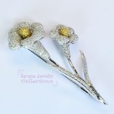 Thank you for coming in! Stunning White and Yellow 18k Gold Vintage Diamond Twin Flower Brooch! 5.6 carats of sparkly white brilliant diamonds adorn the flowers and leaves! Total Weight: 23.5 grams Size: 3 inches tall, 1.5 inch wide Precious Metal: 18k Solid gold Precious stones: -White Round Diamonds: 5.6 carats Hallmark: D5.60, 18K, 750 Platinum Diamond Rings, Brooch Bouquets, Platinum Ring, Flower Pins, Brilliant Diamond, Gold Flowers, Vintage Diamond, Flower Brooch, Antique Rings