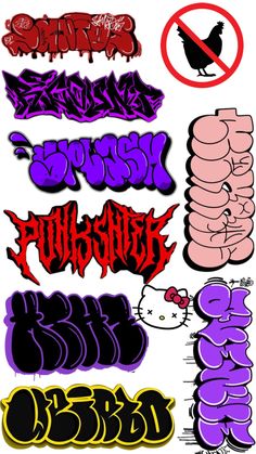 various graffiti stickers are shown in different colors and sizes, including black, purple, red