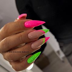 Nails April, Neon Pink Nails, Multicolored Nails, Pink Nail Colors, Pointed Nails, Stiletto Nails Designs, Glow Nails, Nails 2021, Pink Acrylic Nails