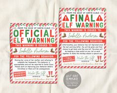 two red and white christmas themed flyers with the words official elf warning on each side