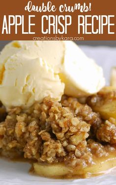 an apple crumble is served on a white plate with ice cream and caramel