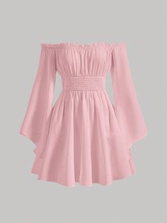 Rosa Pálido Casual Collar manga larga Tela tricotada Liso A línea Embellished No-Elástico Clothes Astethic, Mod Off, Slay Fits, Outfit Rosa, Trumpet Sleeve Dress, Shirred Waist Dress, Cute Dress Outfits, Trumpet Sleeve, Body Con Dress