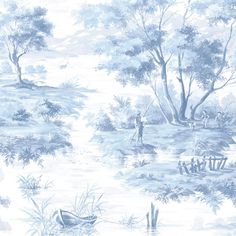 a blue and white wallpaper with trees, water and people in the woods on it