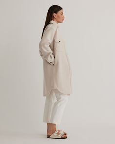 Our 100% Merino Wool Long Shirt Jacket is your perfect go-to style as the temperature starts to drop. Expertly tailored with boiled merino wool, this shirt jacket - shacket - has the relaxed silhouette of a shirt, but provides the warmth of a jacket. With an intentionally oversized look, it's perfect for layering and made to throw on over any outfit with ease.  | Quince | Women's 100% Merino Wool Long Shirt Jacket in Heather Bone, Size XS Sell Gold, Warm Jacket, Bubblegum Pink, Oversized Look, Long Shirt, Pink Brown, Black Charcoal, Quince, Shirt Jacket