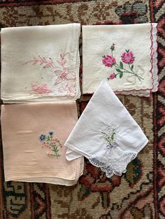 Four vintage embroidered floral handkerchiefs from the 50's. See photos for details. Floral Embroidered Handkerchiefs For Spring Wedding, Spring Wedding Handkerchiefs With Floral Embroidery, Vintage Embroidered Summer Handkerchiefs, Vintage Floral Embroidery Wedding Handkerchiefs, Floral Embroidered Handkerchiefs For Spring Gift, Spring Floral Embroidery Handkerchiefs As Gift, Spring Handkerchiefs With Floral Embroidery As Gift, Spring Gift Handkerchiefs With Floral Embroidery, Vintage Handkerchiefs For Spring Gift