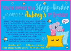 Set the tone of your Party as soon as your invitee receives the envelope in the mail! Throwing your child a Sleep Under party? Then this adorable invitation with a sleep "down under" koala is perfect! This listing is for a DIGITAL FILE only, completely personalized for you, minimizing the work you have to do in preparation for your Soirée. Printables also minimize cost, as you will only have to purchase the file once and then you can print as many copies as you like! You will receive a digital f Sleep Under, Sleep Under Party, Pyjama Party Invitation Template, Birthday Invitations Sleepover, Invitation Pyjama Party, Sleep Under Party Invitations, Sleep Over Birthday Party Invitations, Down Under, Sleep Over