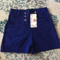 Juniors High Waisted Shorts. Tag Says Xl, But They Are A Comfortable Size 2. Two Front And Two Back Pockets. 70% Cotton, 25% Nylon, 5% Spandex. Trendy Blue Shorts With Short Inseam, Stretch High Waist Blue Shorts, Blue High Waist Stretch Shorts, Blue High-waist Stretch Shorts, High Waist Blue Cotton Shorts, Blue High-waist Cotton Shorts, Trendy Stretch Blue Shorts, High Waist Blue Shorts For Spring, Trendy Fitted Blue Shorts