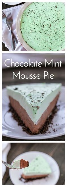 chocolate mint mousse pie on a white plate