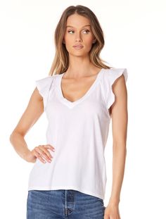 Flutter sleeve raglan vneck tee in white. Cheap White Raglan Sleeve Tops, V Neck Tee, Flutter Sleeve, Jumpsuit Dress, Sleeve Styles, Final Sale, Rompers, V Neck, Dresses