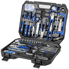 an open tool box filled with tools on a white background