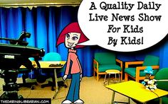 a cartoon character holding an umbrella in front of a tv screen with the words, a quality daily live news show for kids by kids