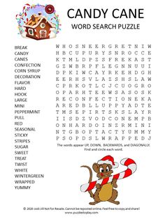 a printable candy cane word search puzzle for kids to help with their holiday activities