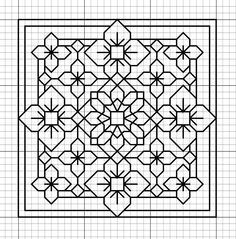 a black and white drawing of a square with flowers in the center on a grid