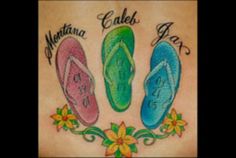 three pairs of flip flops with flowers and the words montana caldel park on them