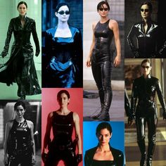 many different pictures of women in leather outfits and catsuits, all wearing black